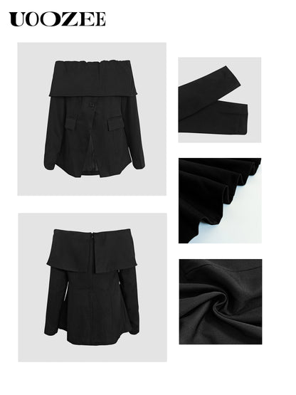 Fashionable Women'S Tops, Long-sleeved Solid-color Front-slit Spliced Sexy Off-the-shoulder Blazer, Sizes S - XXL