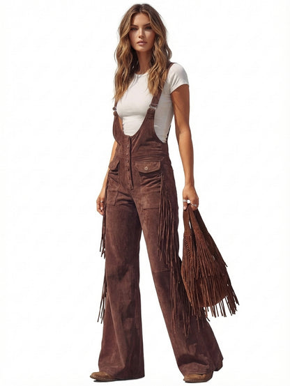 Vintage Fringe Detail Overalls, Loose Wide Leg Design, Fashion Youthful Casual Style, Daily Outing Travel Outfit, Versatile Multi-Occasion Wear