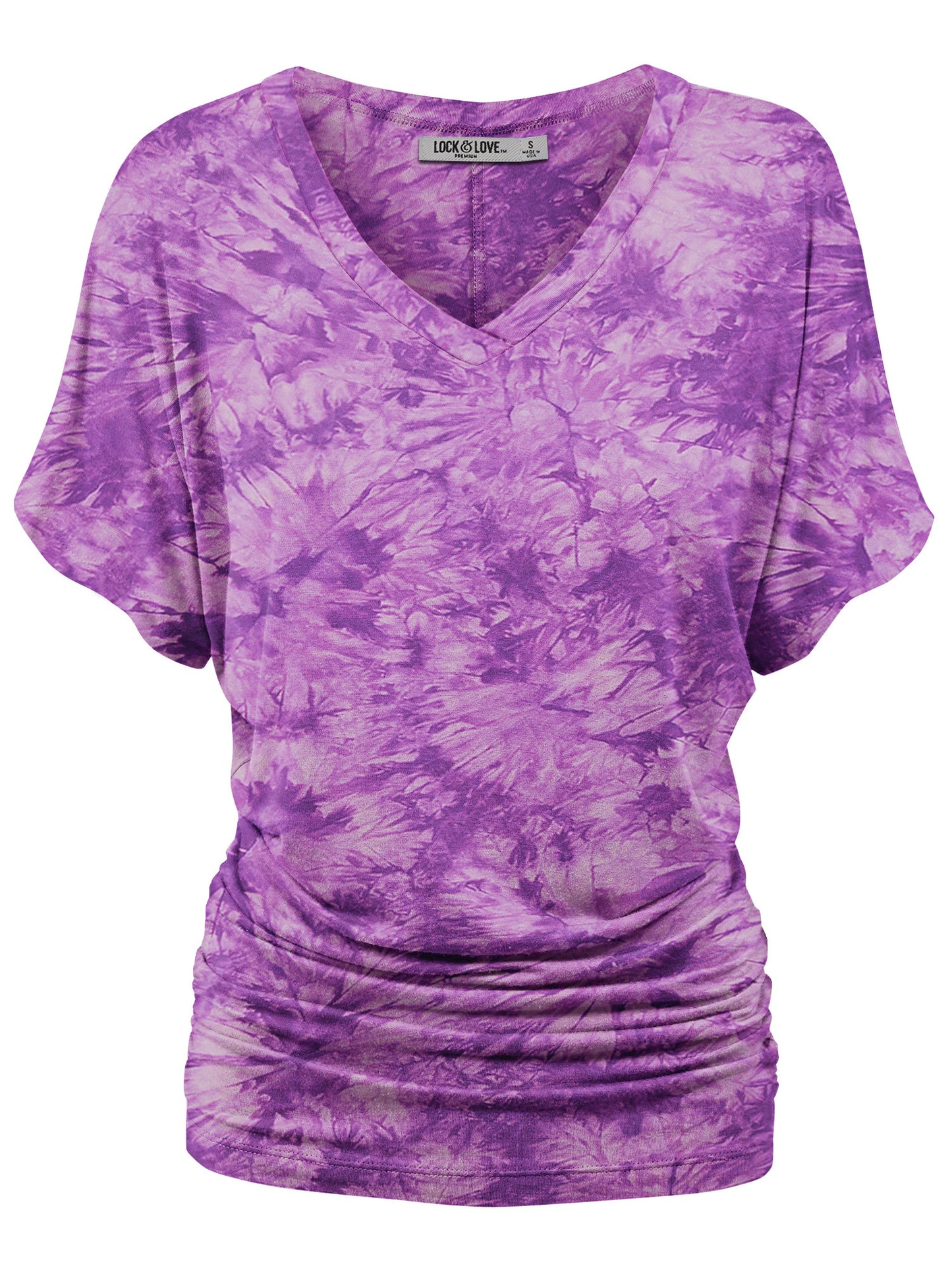 Women's Short Sleeve V Neck Tie-Dye Dolman Top w/Side Shirring