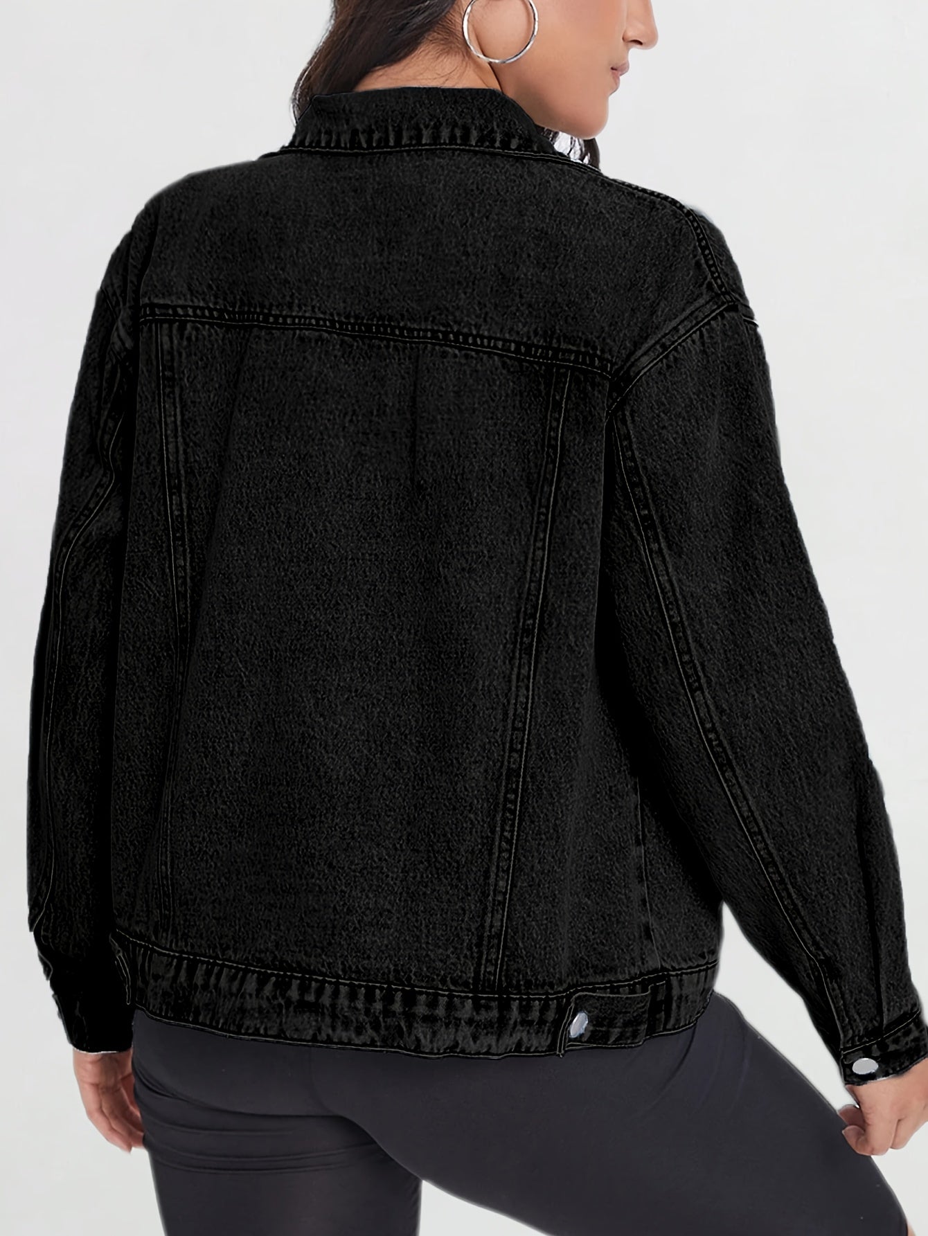 Womens Black Denim Jacket Spring Fall Lightweight Blend Cropped Length Classic Lapel Collar Front Button Closure Multiple Pockets Casual Chic Style Versatile Layering Piece Comfortable Soft Lining Modern Fit Sleeve Cuff Adjustable Feature