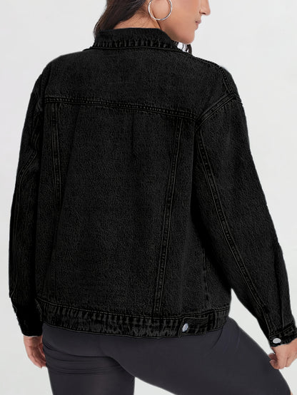 Womens Black Denim Jacket Spring Fall Lightweight Blend Cropped Length Classic Lapel Collar Front Button Closure Multiple Pockets Casual Chic Style Versatile Layering Piece Comfortable Soft Lining Modern Fit Sleeve Cuff Adjustable Feature