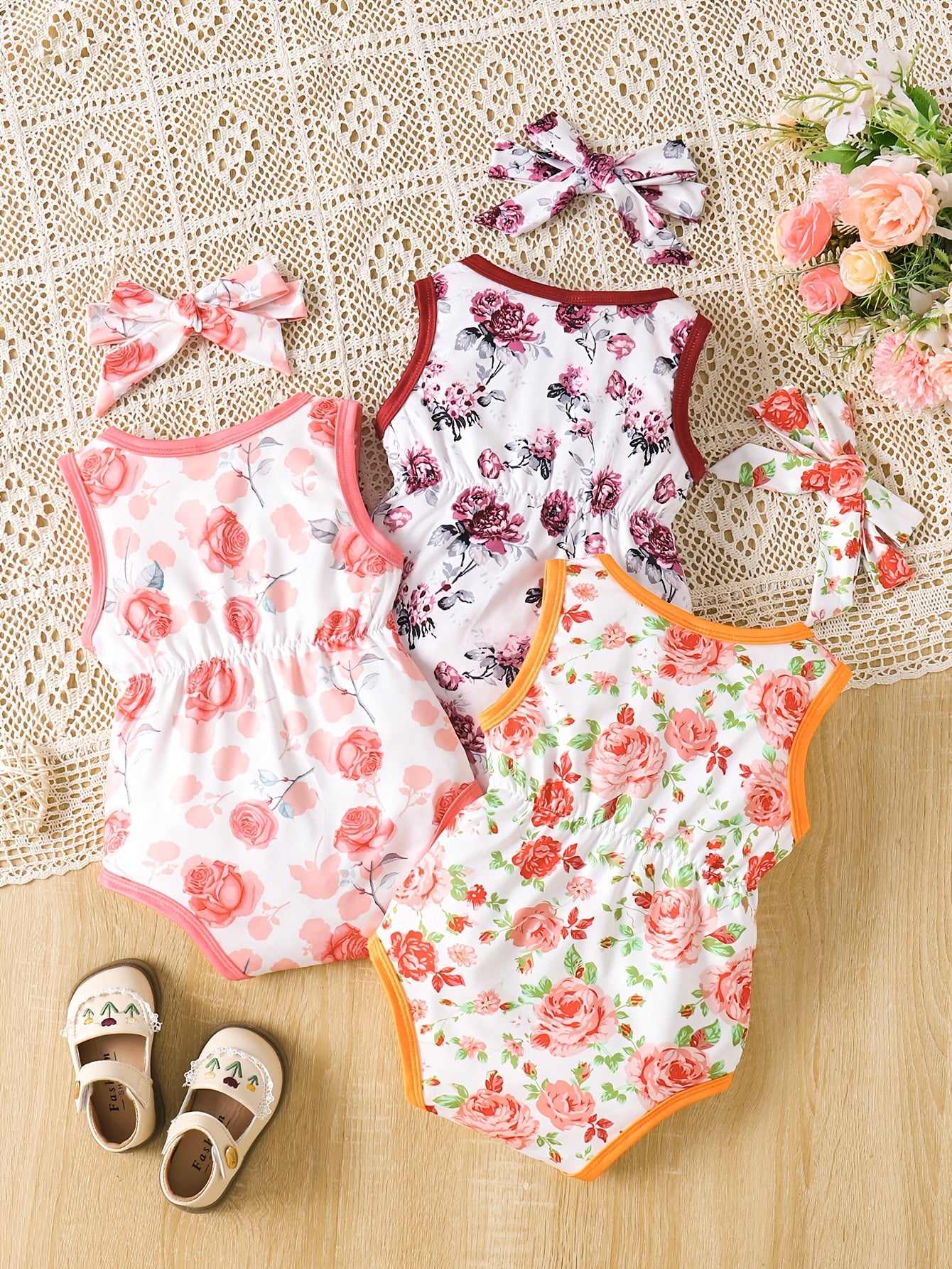 3pcs Cartoon Print Sleeveless Triangle Romper Suit + Headband for Girls, All-season, Polyester Knit Fabric, Regular Fit, Basic Style, for Outdoor, Perfect for Outdoor