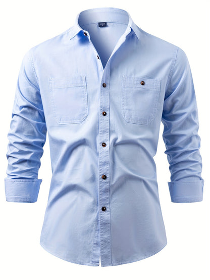 A Stylish Men's Casual Shirt With Long Sleeves And A Jacket, A New Spring And Autumn Men's Top With A Solid Color Pocket Design And A Lapel Collar.