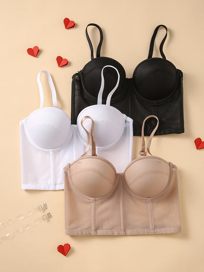 3pcs Women's Lace Push-Up Bras - Breathable, Anti-Sag, Comfort Fit with Adjustable Straps, Solid Color, Non-Removable Pads, Supportive Lingerie|Adjustable Bras|Nylon Lace Fabric