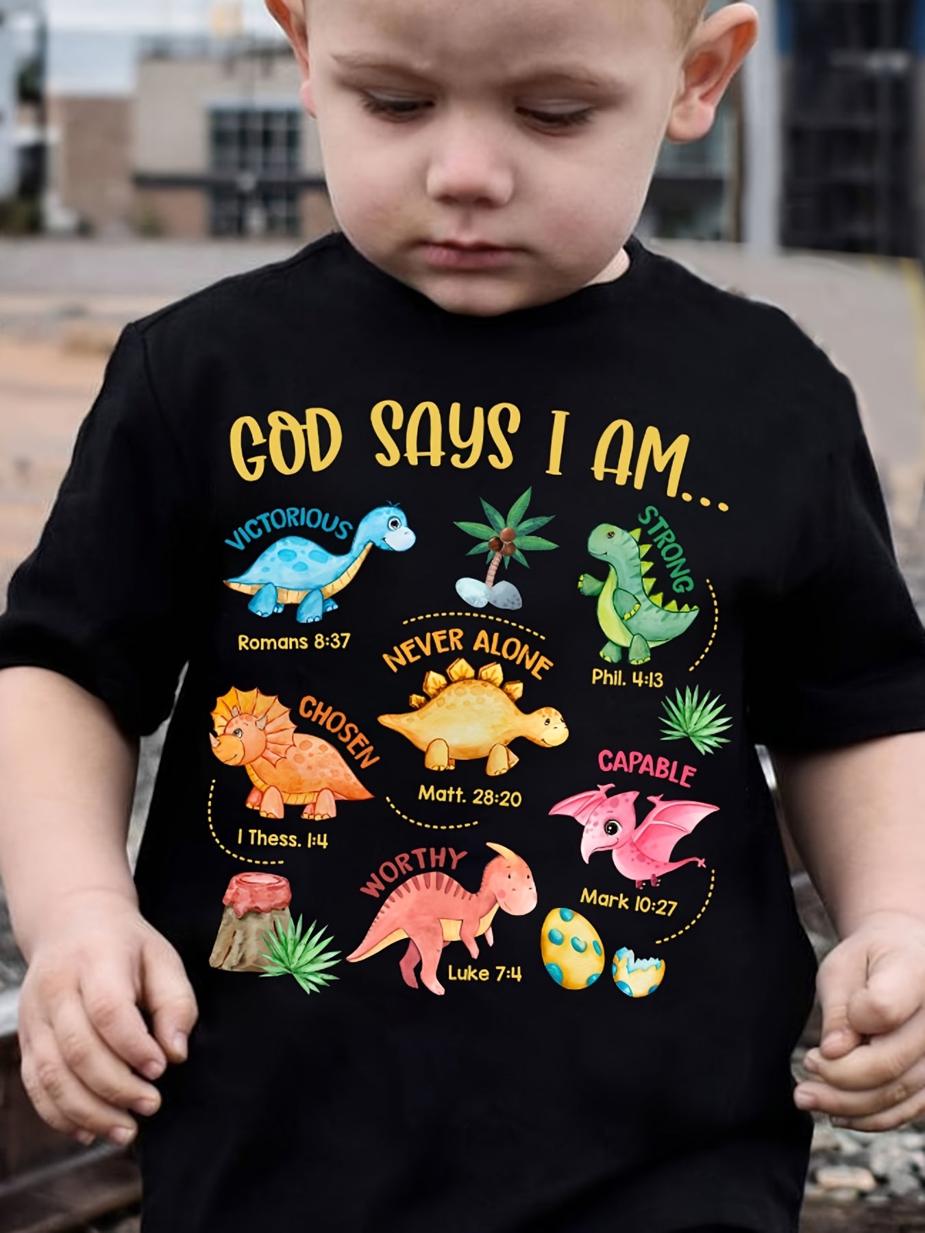 Summer Fashion T-Shirt Made of 100% Featuring The Phrase 'God Says I Am...' with a Variety of Dinosaur Designs. This Cute Short-Sleeve Top Is Perfect for Casual Wear