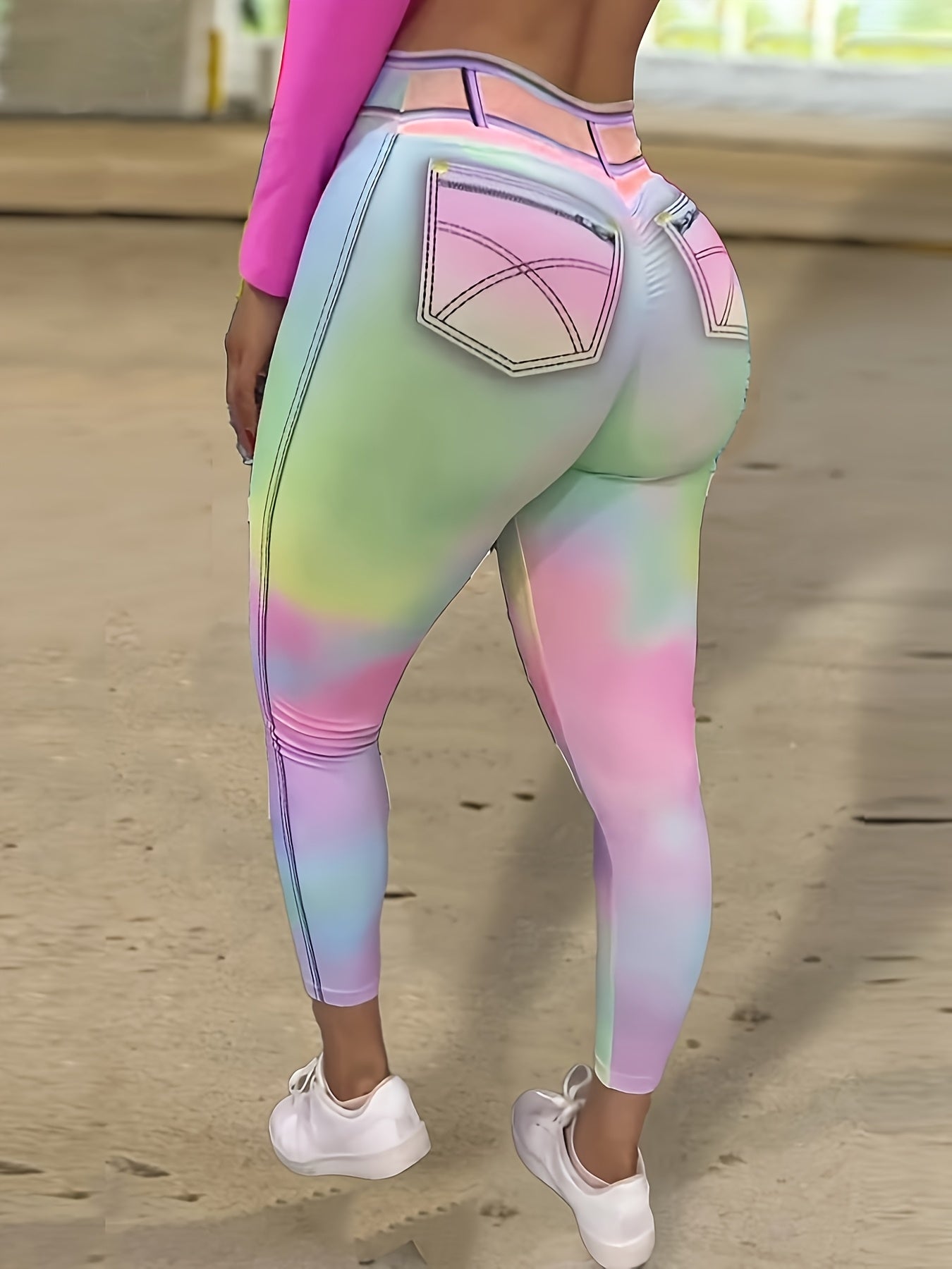 Women's High Waisted Butt Lifting Rainbow Gradient Leggings - Denim Pocket Print Stretchy Yoga Pants for Workout & Daily Casual Wear
