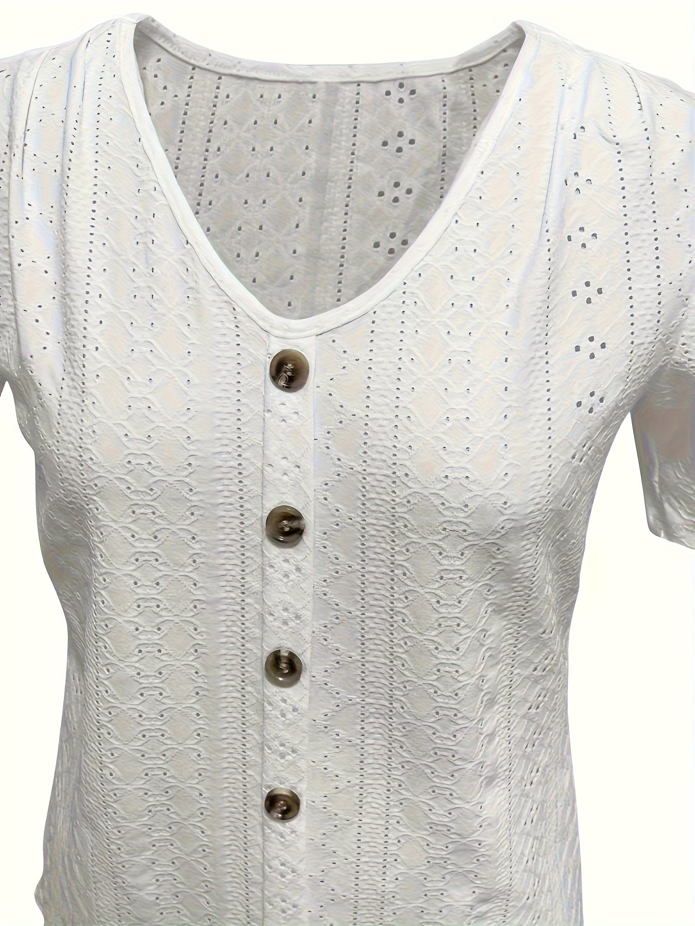 Short-Sleeved T-Shirt for Women with Button Embellishments, Featuring a Stylish Solid Color V-Neck, Made from Breathable with High Elasticity, And a Semi-Transparent Jacquard Design, Perfect for Spring And Summer