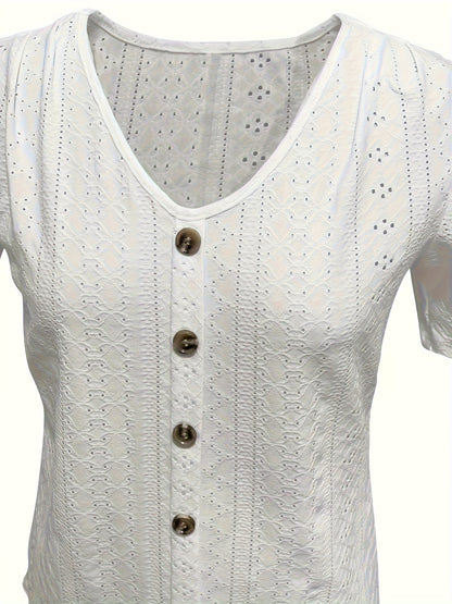 Short-Sleeved T-Shirt for Women with Button Embellishments, Featuring a Stylish Solid Color V-Neck, Made from Breathable with High Elasticity, And a Semi-Transparent Jacquard Design, Perfect for Spring And Summer