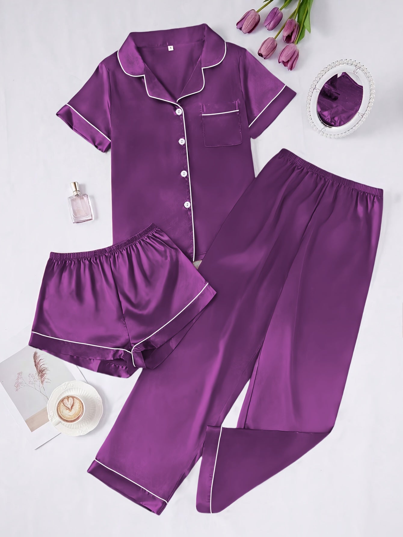 Solid Color Women'S Simple And Comfortable 3pcs Pajama Set, Includes 3pcss: Collared Short-Sleeve Top & Elastic Waist Shorts & Elastic Waist Long Pants Women'S Pajama Set