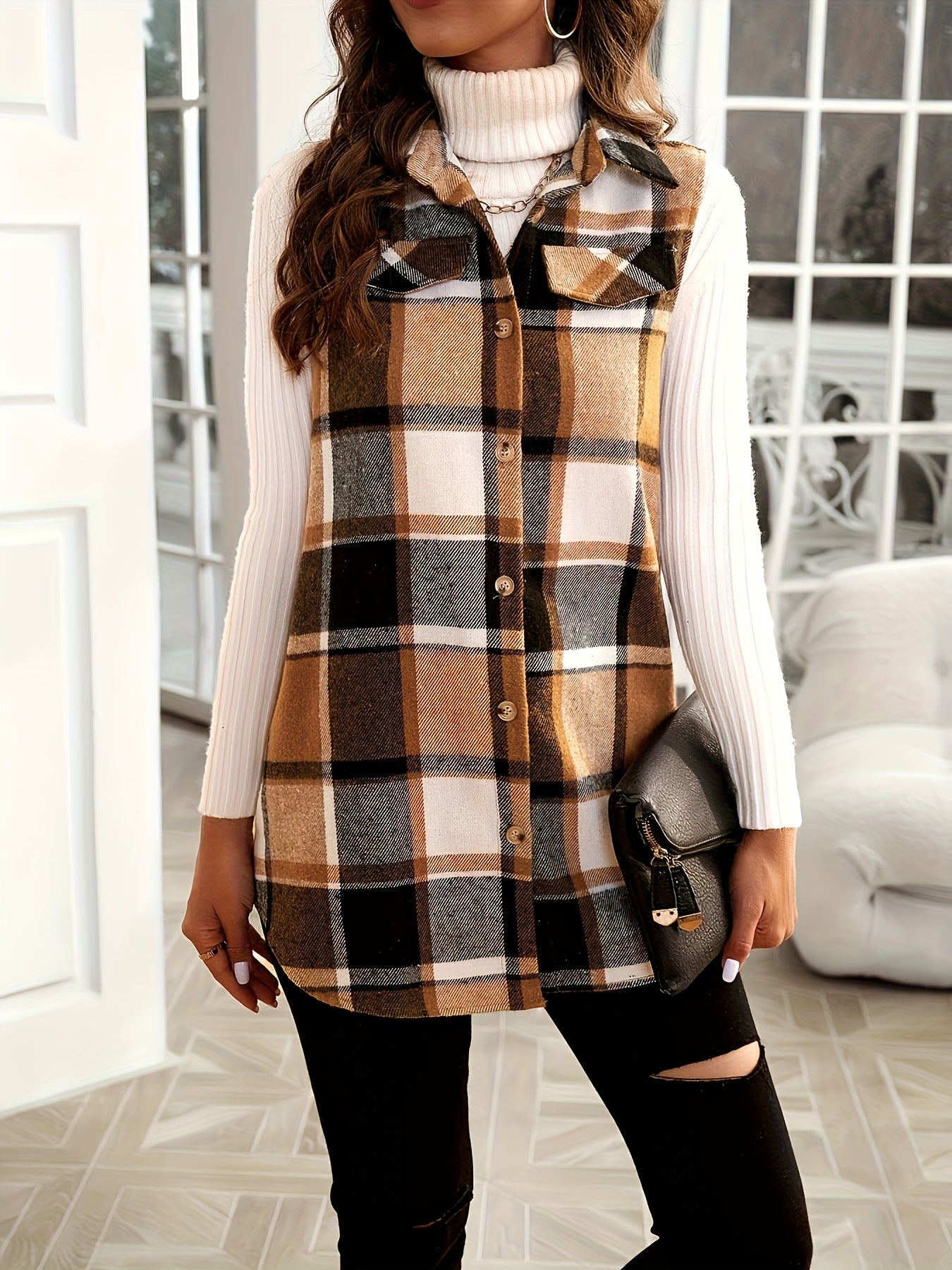 Plaid Vest for Women Lapel Button Sleeveless Shacket Fall Winter Comfortable Warm Long Jacket Outerwear