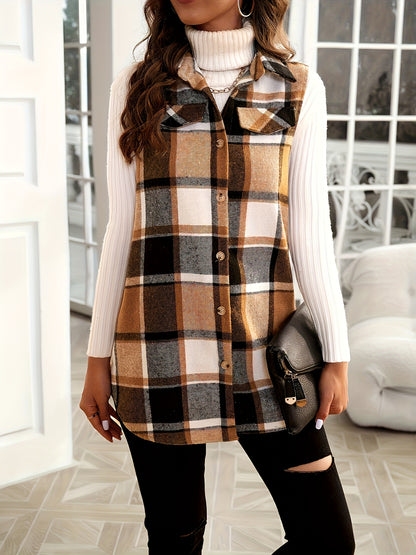 Plaid Vest for Women Lapel Button Sleeveless Shacket Fall Winter Comfortable Warm Long Jacket Outerwear