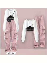 White Sweatshirt + Black Garter + Pink Overalls