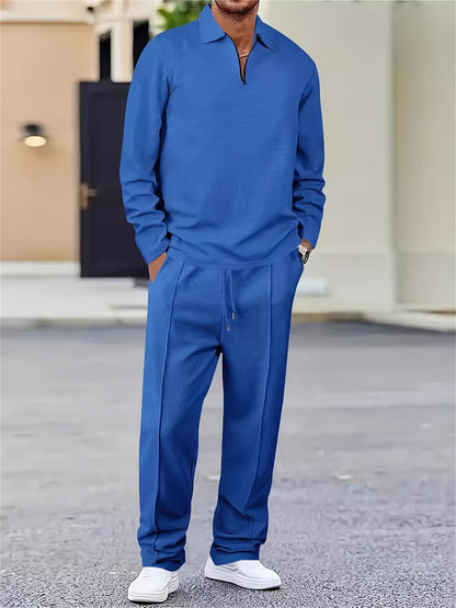 Mens 2pcs Outfits, New Spring Fall Waffle Knit Long Sleeve Top & Pants Set, Comfortable Breathable Casual Sports Tracksuit for Daily Workout