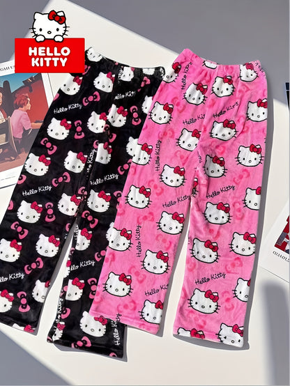 Sanrio KT Cat Pajama Pants for Women - 2pcs Sleepwear Set with Cute KT Cat Face & Full-Length Pants, Cozy Flannel Pajamas for s, - Nightwear ()
