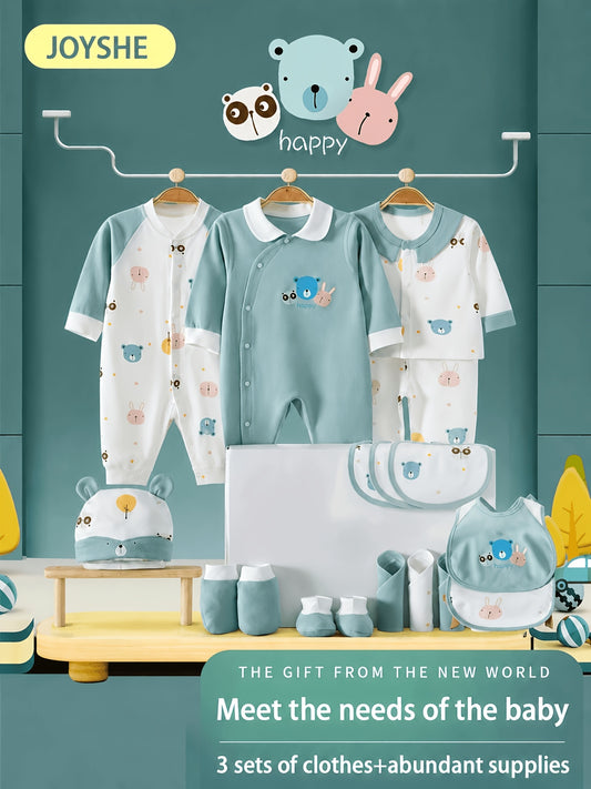 Baby Boy Clothes + Baby Items, Newborn Daily Necessities Complete Set, 0-3 Months, Total 21pcs, 3 Sets Of Clothes +Swaddle Blanket+ Hat + Hand And Foot Covers, Full Moon Summer Long Sleeve Set, Baby Romper, Local Warehouse, Baby Shower Gifts