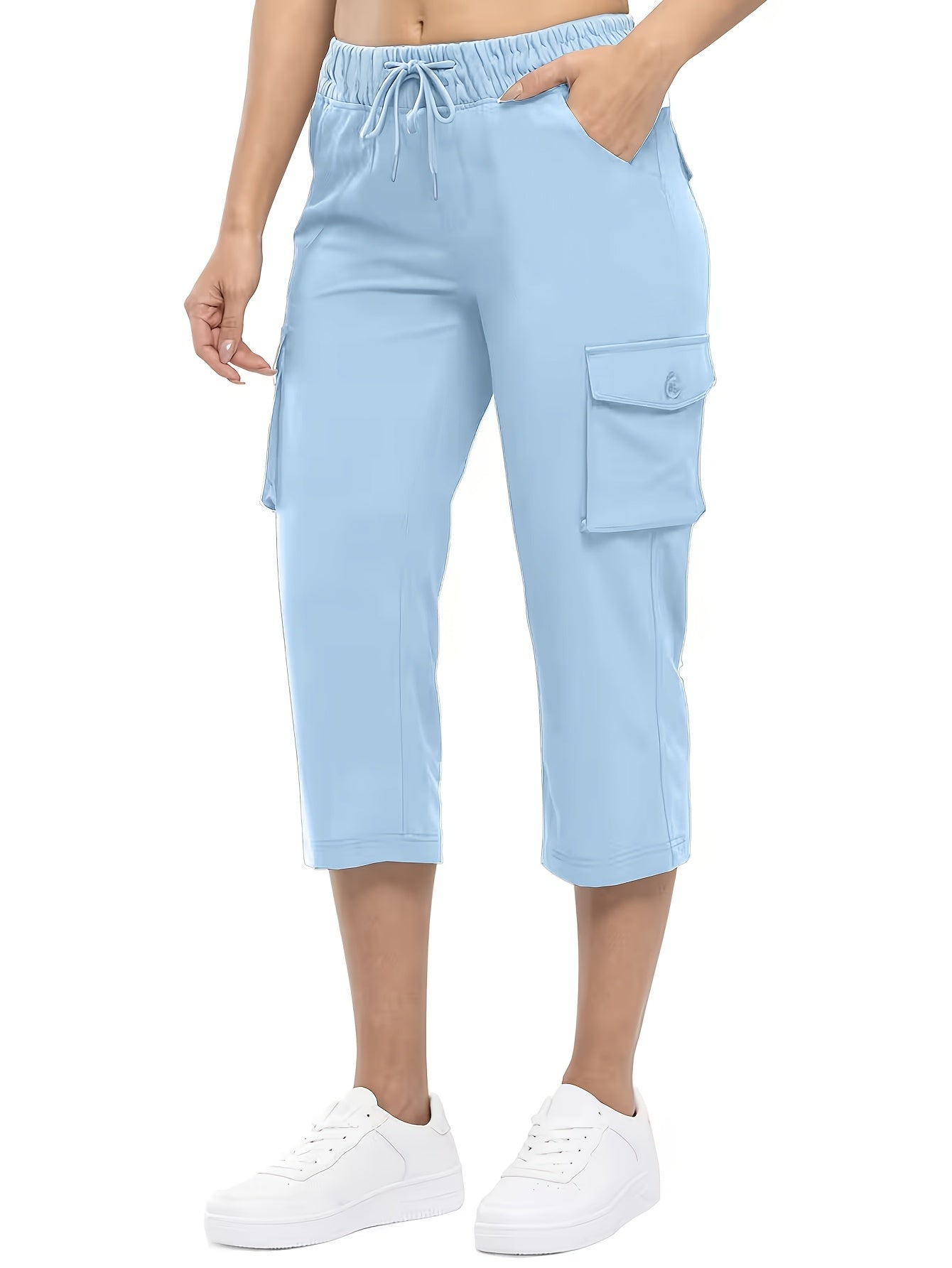 3pcs Women'S Fashionable Cargo Capri Pants for Summer, with Elastic Waistband And Pockets - Casual Sports Capri Pants, Breathable Blend