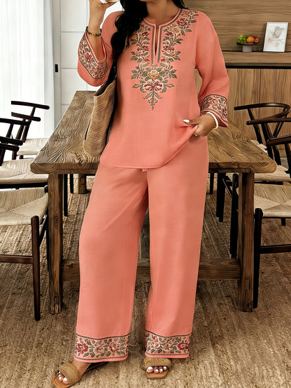 Women's Standard Size Long-sleeve and Long-pants 2pcs Set, Spring/summer New V-neck Buttoned Three-quarter Sleeve Shirt with Printed Elastic Waistband Long Pants, 2pcs Set, Digital Print, Machine Washable, Fabric
