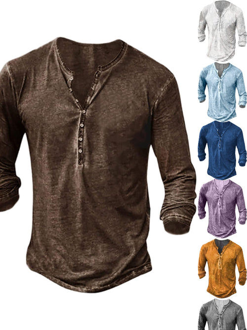 Men'S Distressed Henley Shirts with Front Placket, Retro Long Sleeve T-Shirts, Casual Button- Washed T-Shirts for Men