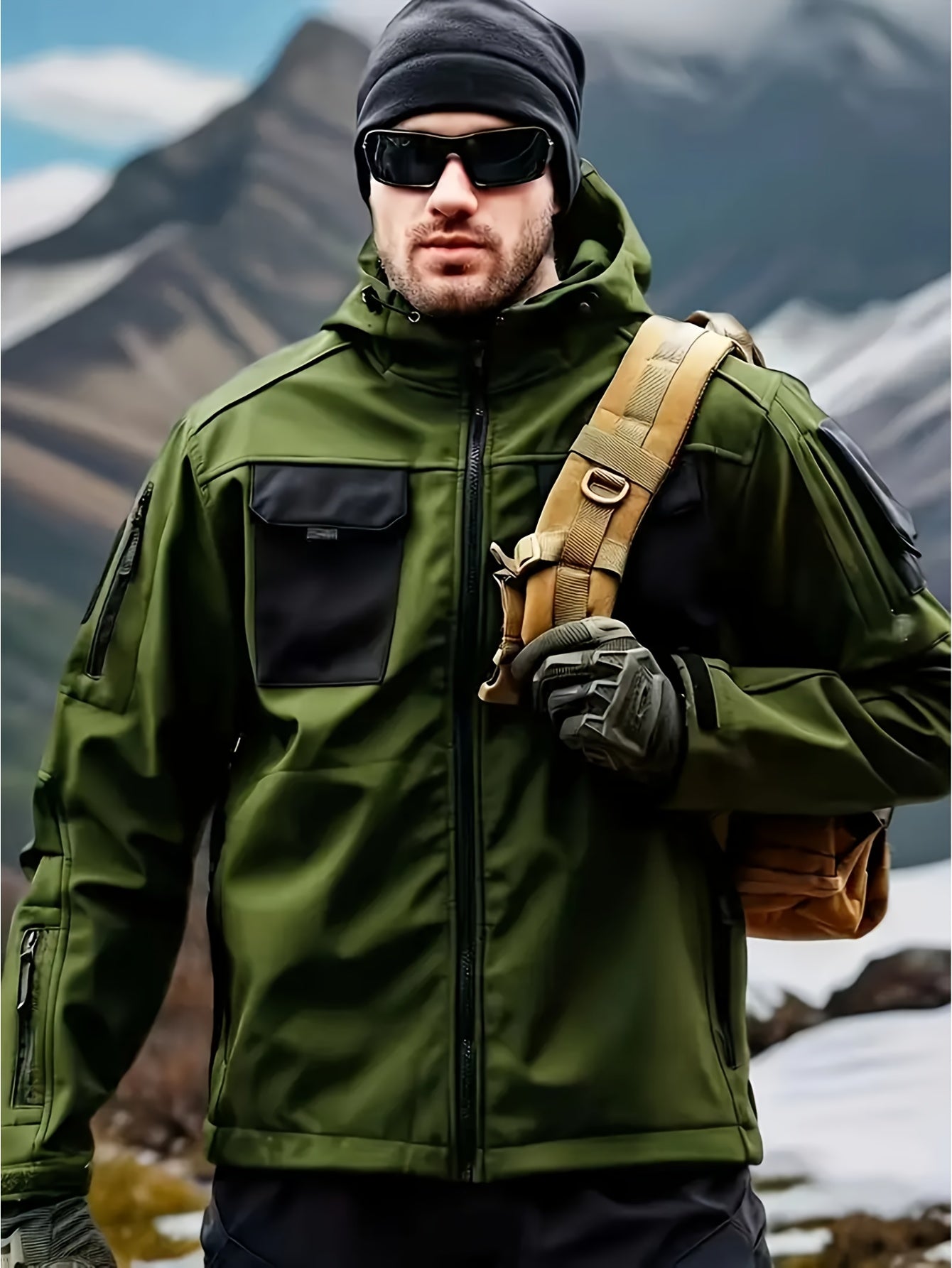 Men's Fleece-Lined Softshell Tactical Winter Jacket with Zip-Up Hooded Coat, Multiple Pockets & Lining - Outdoor Skiing, Hiking, Camping Workwear - Machine Washable Warm Fall/Winter Gear for Cold Weather Activities (Polyester)
