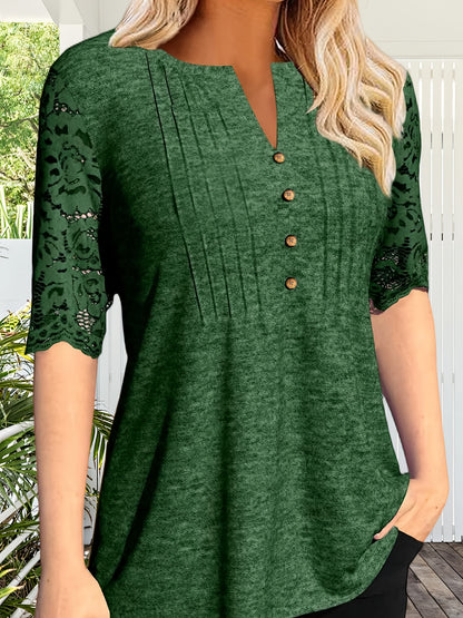 Women's Summer Pleated Button Short Sleeve T-shirt Summer V-neck Solid Color Casual Top