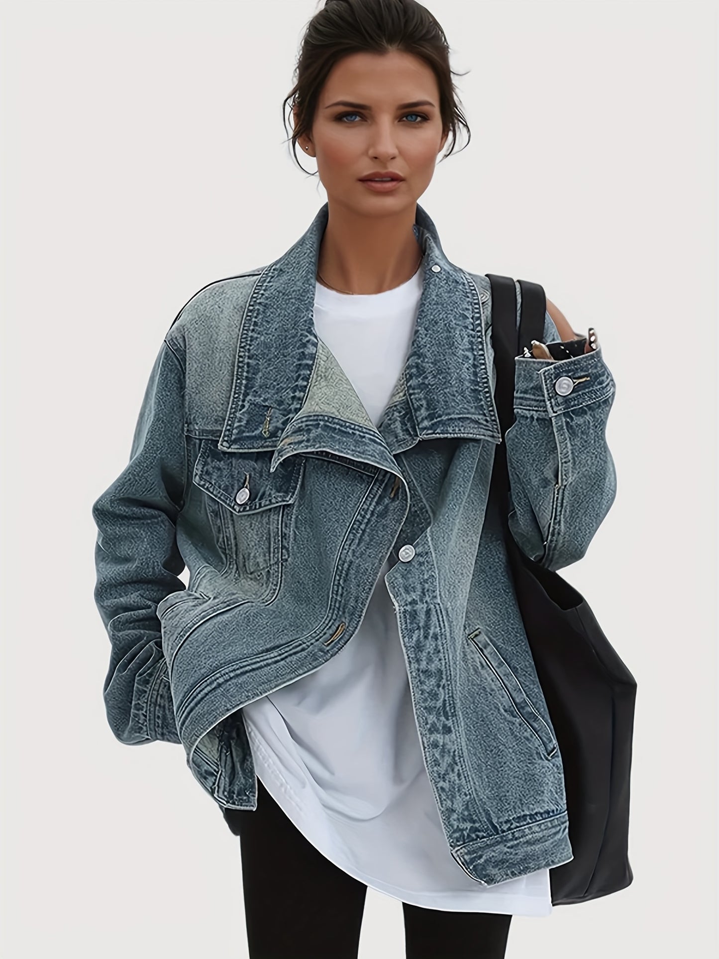 Women's Vintage Washed High Neck Asymmetric Button Denim Jacket - Loose Fit Drop Shoulder Streetwear Coat, Single-Breasted Collar Jacket for Spring/Fall/Winter, Casual Outerwear Blouse