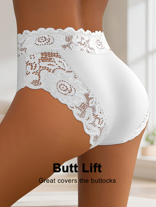 4-Pack Women's Plus Size Mid-Rise Lace Underwear - Briefs with Soft Breathable High-Elasticity Panties, Triangle Cut Suitable for Spring/Summer, Sizes 1XL-5XL (Lace Trim & Flower Print) - Elegant Gift for Christmas/Valentine's Day