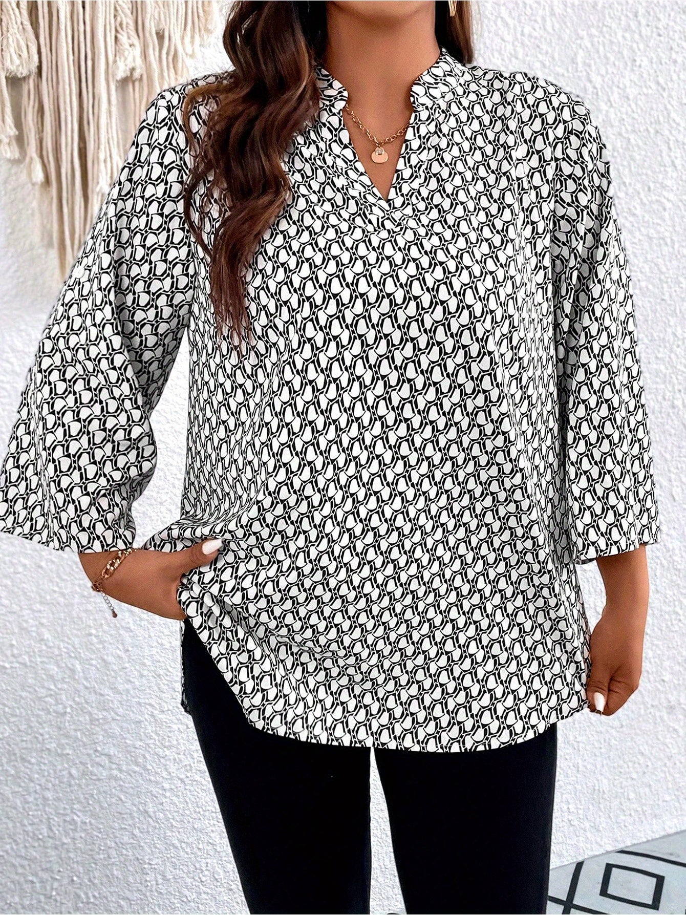 Plus Size, Plus Size Casual Top, Women's Plus Size Allover Print Roll Sleeve Split Neck Tunic Top