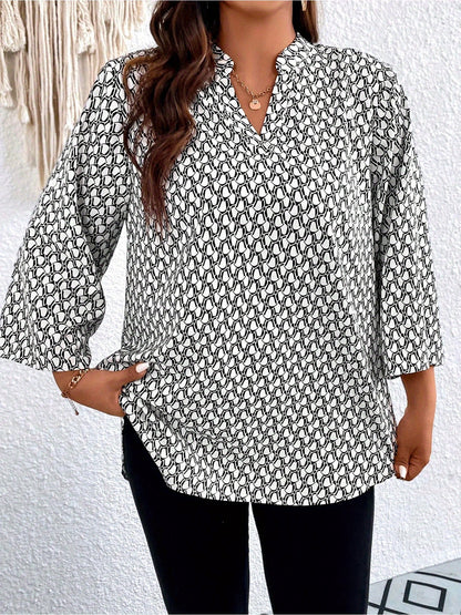 Plus Size, Plus Size Casual Top, Women's Plus Size Allover Print Roll Sleeve Split Neck Tunic Top