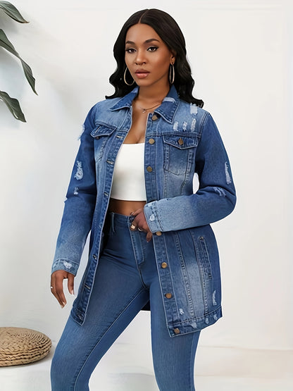 Women Fashion Solid Ripped Turn-down Collar Jean Jacket For Women Loose Casual Blue Fashionable Women Coats Female Outwear Denim Dark Blue Jacket For Women