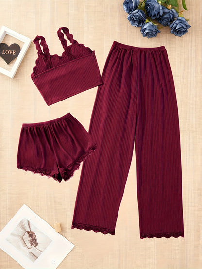 Random Color Delivery, 3pcs Ladies Four Seasons Sexy Lace Suspender Home Service Suit (Including Trousers, Shorts And Vest), Blue, Burgundy, Black, Random Delivery