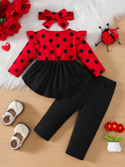 3pcs Baby Girl Autumn New Round Neck Small Fly Sleeve Dot Ladybug Positioning Printed Long Sleeved Pullover Skirt Shirt&elastic Comfortable Pants&headband Set Outdoor Clothing, Perfect for Outdoor