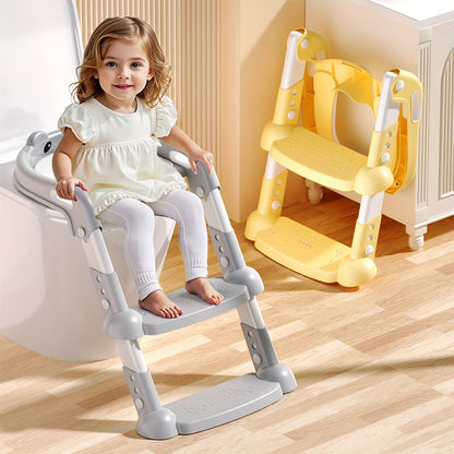 Baby Potty Training Seat with 2-Step Ladder for Toddlers, Soft Cushioned Seat And Splash Guard, Anti-Slip Wide Steps, Safety Handles, And Adjustable Height Potty Seat (Grey)