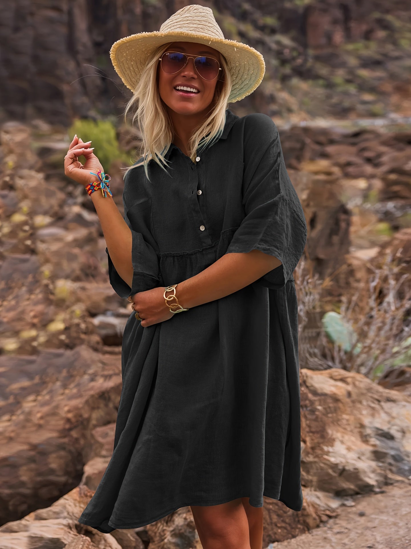New Women's Loose Solid Color Collar Vacation Casual Button Art Style Fashionable Dress for Women