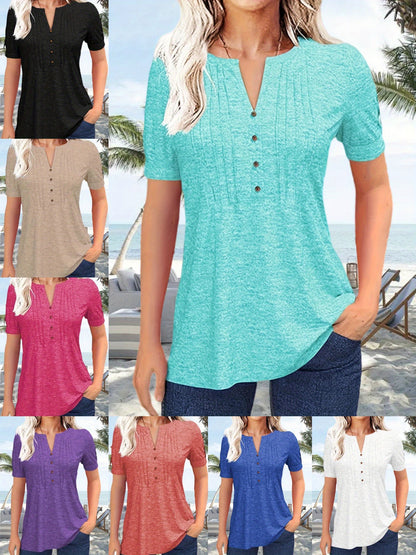Women's Hot-selling Summer Casual V-Neck Pleated Blouse Short Sleeve Button-Up Solid Color Top