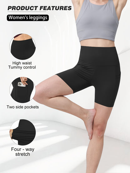 1pc Women's High-Waisted Yoga Shorts with Tummy Control & Pockets - Breathable Workout Gym Shorts, Tight-Fitting Low-Rise Athletic Pants for Summer, Gymnastics, Training (Black/Grey/Navy/Pink/ Brown) - Non-See-Through Quick-Dry