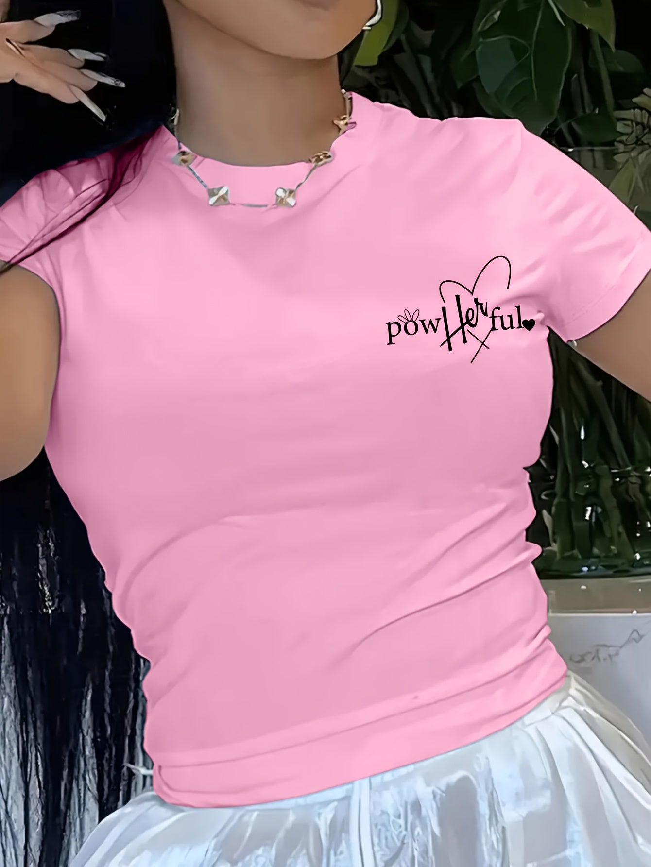 Short T-Shirt for Women with Inspirational Print - "She Overcomes Everything" Back Design, Casual Summer Top with Short Sleeves, Medium Stretch Crew Neck, Machine Washable, Motivational Text Design, Comfort Fit