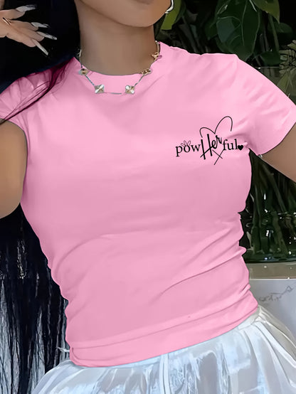 Short T-Shirt for Women with Inspirational Print - "She Overcomes Everything" Back Design, Casual Summer Top with Short Sleeves, Medium Stretch Crew Neck, Machine Washable, Motivational Text Design, Comfort Fit