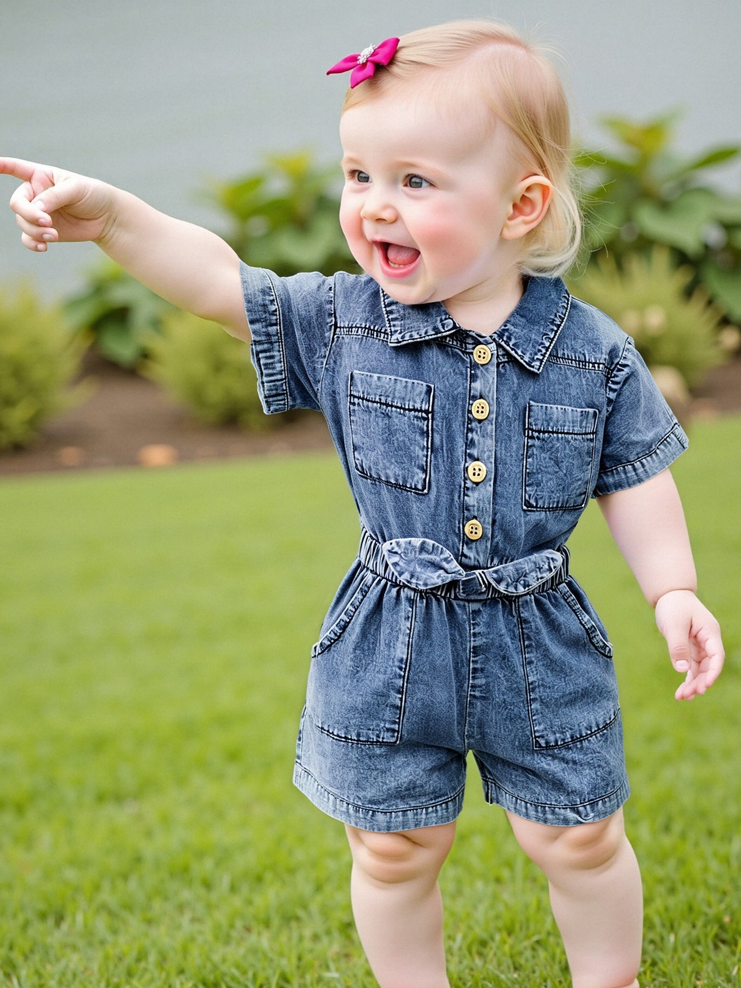 Denim Overalls for Baby Girls Featuring Short Sleeves, a Turn- Collar, Button Closure, And an Elastic Waistband