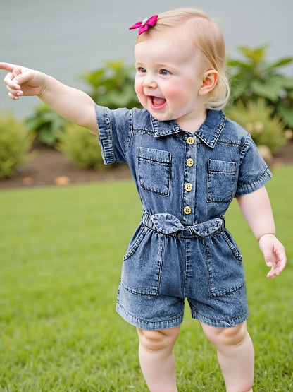 Denim Overalls for Baby Girls Featuring Short Sleeves, a Turn- Collar, Button Closure, And an Elastic Waistband