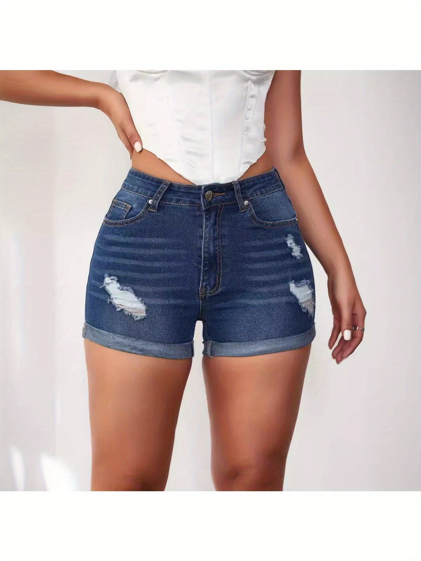 2025 Summer Western Distressed Denim Shorts, High-Stretch Cuffed, Trendy Comfort, Ships Fast!