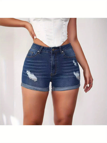 2025 Summer Western Distressed Denim Shorts, High-Stretch Cuffed, Trendy Comfort, Ships Fast!