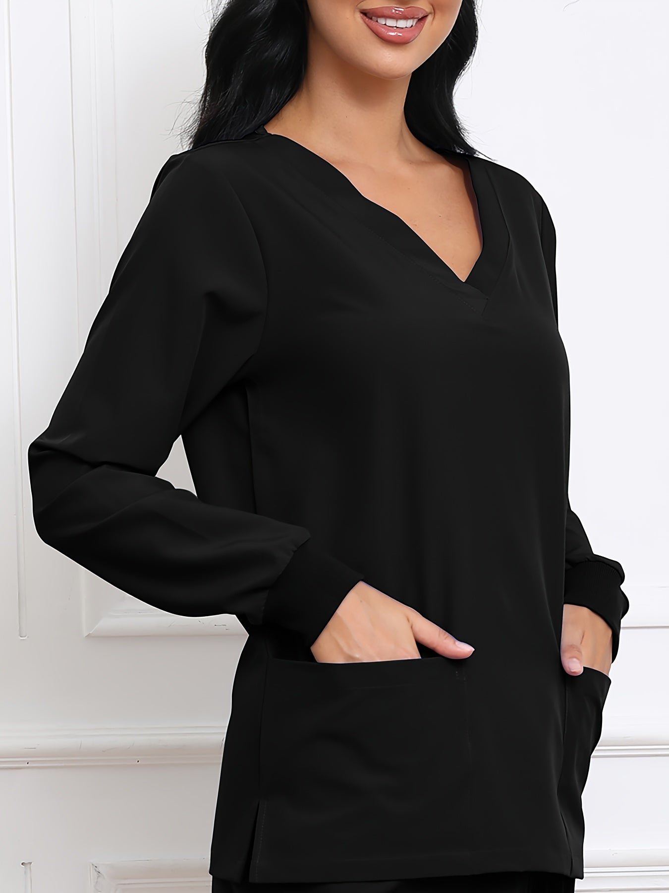 Women's V-Neck Long Sleeve Matte Breathable S Uniform Pockets Wash Clothes Work Shirt Scrubbing Top