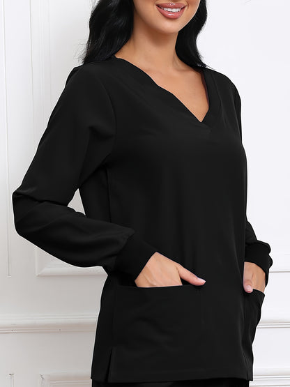 Women's V-Neck Long Sleeve Matte Breathable S Uniform Pockets Wash Clothes Work Shirt Scrubbing Top