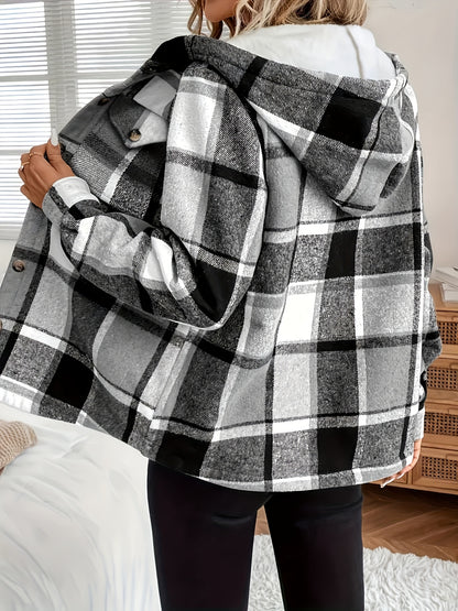 Fall & Winter Essential: Women's Plaid Hooded Jacket. Lining for Warmth, Front - Button Design, Adjustable Drawstring Hood. Washable In Brown, Red, Green, Black, Blue. Durable & Soft Fabric, Suitable for All - Day Comfort In Casual Settings.
