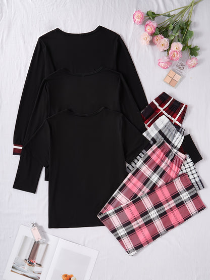 A Six-Piece Set of New Casual Home Wear for Women with Heart-Shaped Printed Pockets, Long-Sleeved And Short-Sleeved Tops, Checked Trousers And Pajama Sets