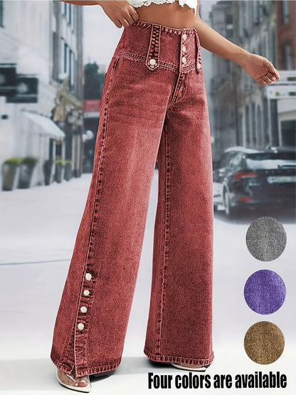 Women's Daily Casual Fashion Button Waistband Loose Jeans, with Open Button Cuff Design, Suitable for Home, Outdoor Street Shopping, Holiday Travel, Airport, And Versatile for All Seasons, Machine Washable.