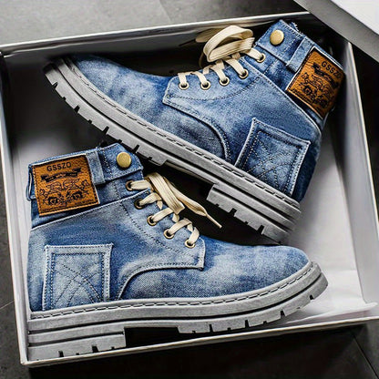Retro-Style High-Top Sneakers - Casual Canvas Boots Featuring Lace-Up Design, Round Toe, And Beige Laces, Comfortable for All Seasons for Outdoor And Everyday Use, Outdoor Shoes | Retro Sneakers | Sturdy Footwear