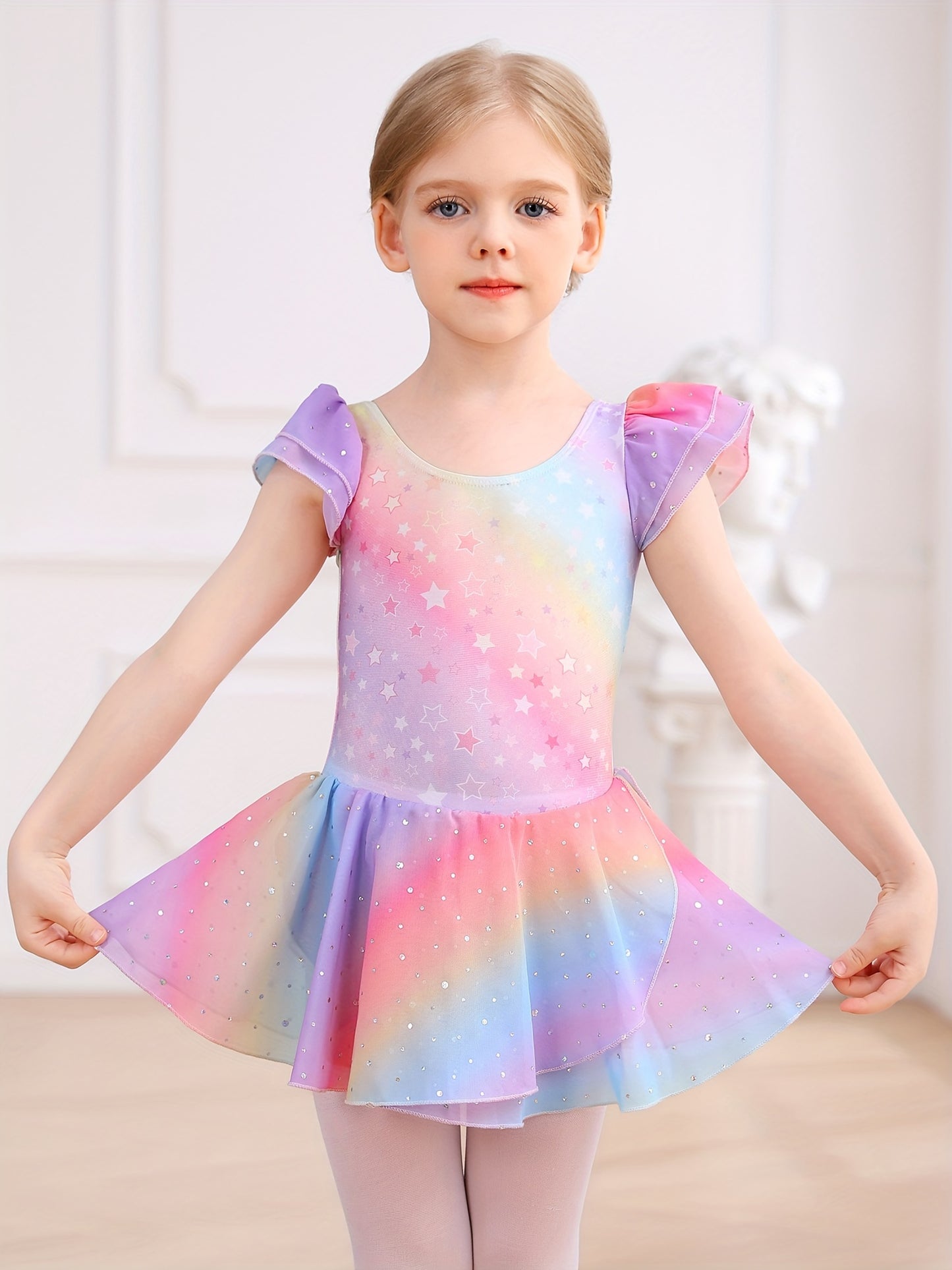 Christmas Girl's Dress; Dress; Dance Dress; One-piece Training Suit; Summer Rainbow Gradient Dress; Mesh Dress; Sweet Petal Sleeves; One-piece Dress; Children's Ballet Leotard; Back Bow.