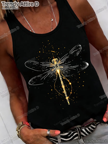 Fashionable Retro Dragonfly Print Crew Neck Top, Casual Short-sleeved Crew Neck Top with a Loose Fit, Washable All-season Comfort, Suitable Casual Wear Loose Fit Durable Prints, Suitable Various Holiday Gifts, Shipped from Local Warehouse