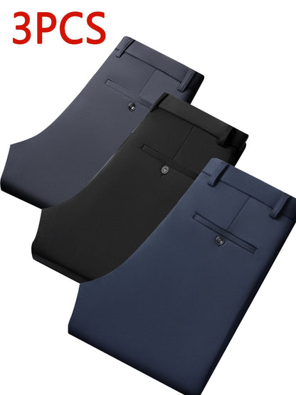 3pcs Set of Men's High-stretch Wrinkle-resistant Straight-leg Dress Pants, High-waisted Business Casual Long Pants, Button and Zipper Design, Machine Washable, Classic Solid-color Dress Pants for All Seasons, Professional Attire, Durable Fabric, F